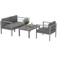 Outsunny 4 Piece Garden Furniture Set, 4 Seater Aluminium Garden Sofa Set with 2 Armchairs, Loveseat, Coffee Table and Cushions, Outdoor Conversation Conservatory Furniture for Patio, Charcoal Grey(m-10)