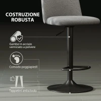 HOMCOM Set 2 Sgabelli da Bar Girevoli ad Altezza Regolabile, in Tessuto Effetto Lino, 44x53x91-111 cm, Grigio Scuro(m-7)