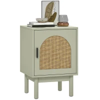 HOMCOM Mesilla de Noche con Puerta de Ratán Estante Ajustable y Patas de Madera Estilo Bohemio 40x35x58 cm Verde Claro(m-10)