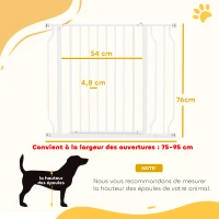 PawHut Barrière de sécurité chien barrière extensible 75-95 x 76 cm barrière escaliers couloirs portes sans perçage en acier et ABS blanc(m-3)