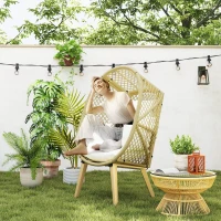 Outsunny Poltrona de Exterior de Vime PE com Almofadas Encosto Acolchoado Pés Ajustáveis e Estrutura de Metal 88x85x143 cm Natural e Creme(m-2)