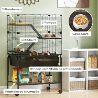PawHut Gaiola para Pequenos Animais de 4 Níveis com Bandeja Inferior Rodas Rampas Comedouro e Bebedouro 73x47x123 cm Preto(m-5)