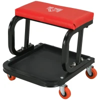 HOMCOM Sgabello da Officina Imbottito con Ruote e Vassoio Porta Attrezzi in Acciaio e PU, 38x35x37cm, Rosso(m-10)