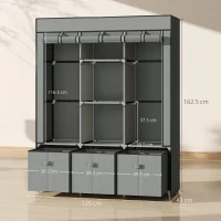 HOMCOM Fabric Wardrobe for Bedroom, Portable Wardrobe with 5 Shelves, 2 Hanging Rails and 3 Fabric Drawers, Foldable Closet, 125 x 43 x 162.5cm, Light Grey(m-3)