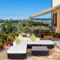 Outsunny Set Giardino Esterno 6 Pezzi in Rattan PE, Salotto da Giardino con Divano Angolare e Pouf con Cuscini Lavabili, Marrone(m-2)