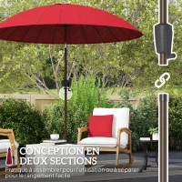 Outsunny Parasol de jardin Parasol droit Parasol inclinable rond avec 24 baleines manivelle aluminium fibre de verre polyester diamètre 2,60 m coloris rouge(m-7)
