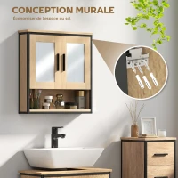 HOMCOM Armoire murale salle de bain avec miroir, meuble salle de bain avec compartiment ouvert et étagère réglable, chêne(m-8)