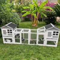 PawHut Adapost din Lemn pentru Iepuri  pentru Exterior cu 2 Custi si Zona Deschisa Imprejmuita cu Usi si Rampe, 259x64x92 cm, Gri(m-8)