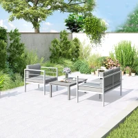 Outsunny 4 Piece Garden Furniture Set, 4 Seater Aluminium Garden Sofa Set with 2 Armchairs, Loveseat, Coffee Table and Cushions, Outdoor Conversation Conservatory Furniture for Patio, Charcoal Grey(m-9)