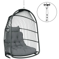 Outsunny Hanging Egg Chair, Foldable Rattan Garden Swing Chair with Installation Kit, Thickened Cushion and Headrest, Indoor Outdoor Hanging Egg Basket Seat for Patio, Porch, Dark Grey(m-11)