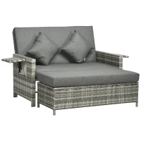 Outsunny Rattan Garden Daybed, Assembled Double Sun Lounger with 5-Level Adjustable Back, Storage Ottoman, Cushions, Pillows and Retractable Trays, Outdoor Loveseat Sofa Bed for Patio, Mixed Grey(m-10)