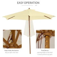 Outsunny 2.5m Wood Garden Parasol Sun Shade Patio Outdoor Wooden Umbrella Canopy, Table Market Umbrella with Vent, 38mm Pole, Rope Pulley Mechanism, Cream White(m-5)