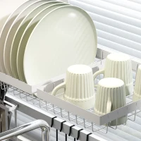 HOMCOM Escurreplatos de Acero de 2 Niveles para Fregadero con Soporte de Tabla de Corte y Cubiertos 100x30x54,5cm Blanco(m-8)