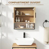 HOMCOM Armoire murale salle de bain avec miroir, meuble salle de bain avec compartiment ouvert et étagère réglable, chêne(m-7)