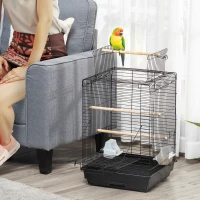 PawHut Gaiola para Pássaros com Teto Abatível 2 Poleiros 2 Comedouros e Bandeja Amovível para Canários Periquitos 40x40x59 cm Preto(m-2)