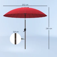 Outsunny Parasol de jardin Parasol droit Parasol inclinable rond avec 24 baleines manivelle aluminium fibre de verre polyester diamètre 2,60 m coloris rouge(m-3)