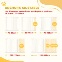 PawHut Barrera de Seguridad de Perros Extensible para Escaleras y Puertas 75-145 cm con 3 Extensiones de 10/20/30 cm Montaje a Presión Altura 76 cm Blanco(m-4)