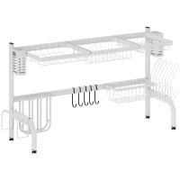 HOMCOM Escurreplatos de Acero de 2 Niveles para Fregadero con Soporte de Tabla de Corte y Cubiertos 100x30x54,5cm Blanco(m-1)
