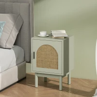 HOMCOM Mesilla de Noche con Puerta de Ratán Estante Ajustable y Patas de Madera Estilo Bohemio 40x35x58 cm Verde Claro(m-8)