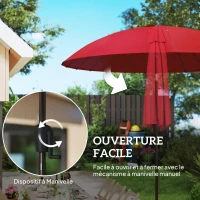 Outsunny Parasol de jardin Parasol droit Parasol inclinable rond avec 24 baleines manivelle aluminium fibre de verre polyester diamètre 2,60 m coloris rouge(m-4)