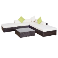 Outsunny Set Giardino Esterno 6 Pezzi in Rattan PE, Salotto da Giardino con Divano Angolare e Pouf con Cuscini Lavabili, Marrone
