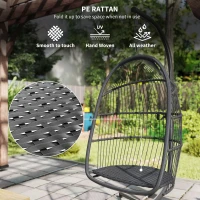 Outsunny Rattan Hanging Egg Chair with Stand, Foldable Wicker Swing Egg Chair with Cushion, Head Pillow, Steel Frame, Hammock Chair for Indoor Outdoor, Capacity 150 kg, Dark Grey(m-5)