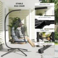 Outsunny Rattan Hanging Egg Chair with Stand, Foldable Wicker Swing Egg Chair with Cushion, Head Pillow, Steel Frame, Hammock Chair for Indoor Outdoor, Capacity 150 kg, Dark Grey(m-7)
