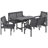 Outsunny 5 Piece Wooden Garden Dining Set for 6, Outdoor Conversation Set with 2 Armchairs, 2 Loveseats and Dining Table with Umbrella Hole for Patio, Balcony, Grey
