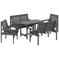 Outsunny 5 Piece Wooden Garden Dining Set for 6, Outdoor Conversation Set with 2 Armchairs, 2 Loveseats and Dining Table with Umbrella Hole for Patio, Balcony, Grey(m-1)