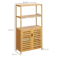 kleankin Meuble salle de bain en bambou, armoire salle de bain sur pied, 2 étagères ouvertes et double porte à lattes, naturel(m-3)