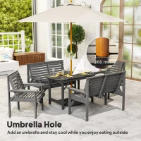 Outsunny 5 Piece Wooden Garden Dining Set for 6, Outdoor Conversation Set with 2 Armchairs, 2 Loveseats and Dining Table with Umbrella Hole for Patio, Balcony, Grey(m-6)