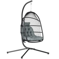 Outsunny Rattan Hanging Egg Chair with Stand, Foldable Wicker Swing Egg Chair with Cushion, Head Pillow, Steel Frame, Hammock Chair for Indoor Outdoor, Capacity 150 kg, Dark Grey(m-1)