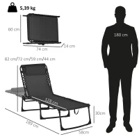 Outsunny Tumbona Plegable Ajustable de 4 Posiciones con Sistema de Cordones para Exterior Marco Acero 189x58x30 cm Negro(m-3)