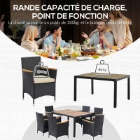 Outsunny Ensemble salon de jardin 6 personnes grande table à manger rectangulaire + 6 fauteuils & coussins lavables acier résine tressée PE bois d'acacia noir et beige(m-4)