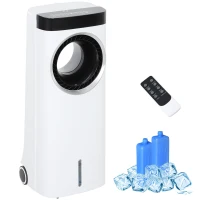 HOMCOM Evaporative Air Cooler, 6.5L 4-in-1 Bladeless Portable Cooler, Fan, Humidifier, Air Clean Anion with Oscillation, 6 Speeds, 24H Timer, Sleep Mode, 2 Ice Packs, Wheels, Remote, for Home Office(m-10)