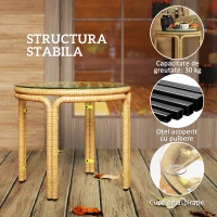 Outsunny Măsuță de Grădină din Ratan și Sticlă Stil Boho Ø50x44 cm Galben(m-5)