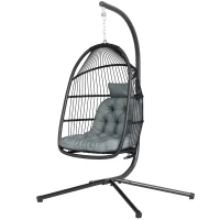 Outsunny Rattan Hanging Egg Chair with Stand, Foldable Wicker Swing Egg Chair with Cushion, Head Pillow, Steel Frame, Hammock Chair for Indoor Outdoor, Capacity 150 kg, Dark Grey(m-11)