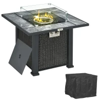 Outsunny Outdoor PE Rattan Gas Fire Pit Table, Patio Square Propane Heater with Marble Desktop, Rain Cover, Glass Windscreen, and Glass Stones, 50,000 BTU, Black(m-10)