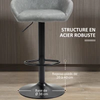 HOMCOM Lot de 2 tabourets de bar avec dossier et repose-pieds, réglable en hauteur et pivotante à 360°, gris(m-7)
