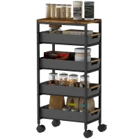 HOMCOM Carro de Cocina de 5 Niveles Carrito Auxiliar con Ruedas Tablero Efecto Madera Cajones Extraíbles 39,5x24x82 cm Negro(m-11)