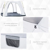 Outsunny Tente de camping, tente pop up dôme familiale 4 personnes, avec 4 portes 4 fenêtres sac de transport inclus pour le camping randonnée blanc gris(m-6)