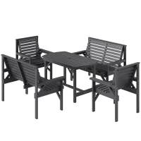 Outsunny 5 Piece Wooden Garden Dining Set for 6, Outdoor Conversation Set with 2 Armchairs, 2 Loveseats and Dining Table with Umbrella Hole for Patio, Balcony, Grey(m-11)