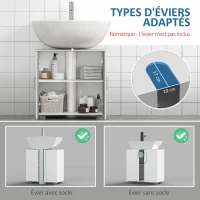 kleankin Meuble sous lavabo de salle de bain 2 portes battantes avec 1 étagère réglable, sur pied, poignées Alliage Aluminium dim. 60L x 30l x 60H cm - MDF Blanc(m-4)