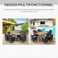 Outsunny Ensemble salon de jardin 6 personnes grande table à manger rectangulaire + 6 fauteuils & coussins lavables acier résine tressée PE bois d'acacia noir et beige(m-5)