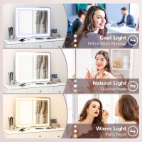 HOMCOM Oglindă de Machiaj cu Lumini LED în 3 Culori, Oglindă de Perete și Masă cu USB, 80x62x14 cm, Alb(m-5)