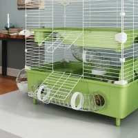 PawHut Cușcă pentru Hamsteri cu 2 Nivele și 3 Uși cu Roată și Tuburi, din Oțel, PS și PP, 44.5x28x44 cm, Verde și Alb(m-9)