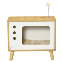 PawHut Katzenhöhle imTV-Design inkl. Spielzeug, waschbares Kissen, 50 cm x 28 cm x 43 cm, Eiche + Beige + Weiß(m-10)