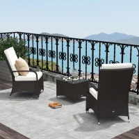 Outsunny 3 Pieces Rattan Bistro Set with Furniture Cover, Wicker Garden Furniture Set, Glass Top Coffee Table and Chairs with Cushions for Outdoor, Patio, Balcony, Cream White(m-2)