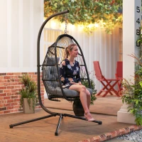 Outsunny Rattan Hanging Egg Chair with Stand, Foldable Wicker Swing Egg Chair with Cushion, Head Pillow, Steel Frame, Hammock Chair for Indoor Outdoor, Capacity 150 kg, Dark Grey(m-9)