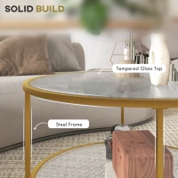 HOMCOM Round Coffee Table with Storage, 2-Tier Tempered Glass Coffee Table with Steel Frame for Living Room, Gold Tone(m-5)